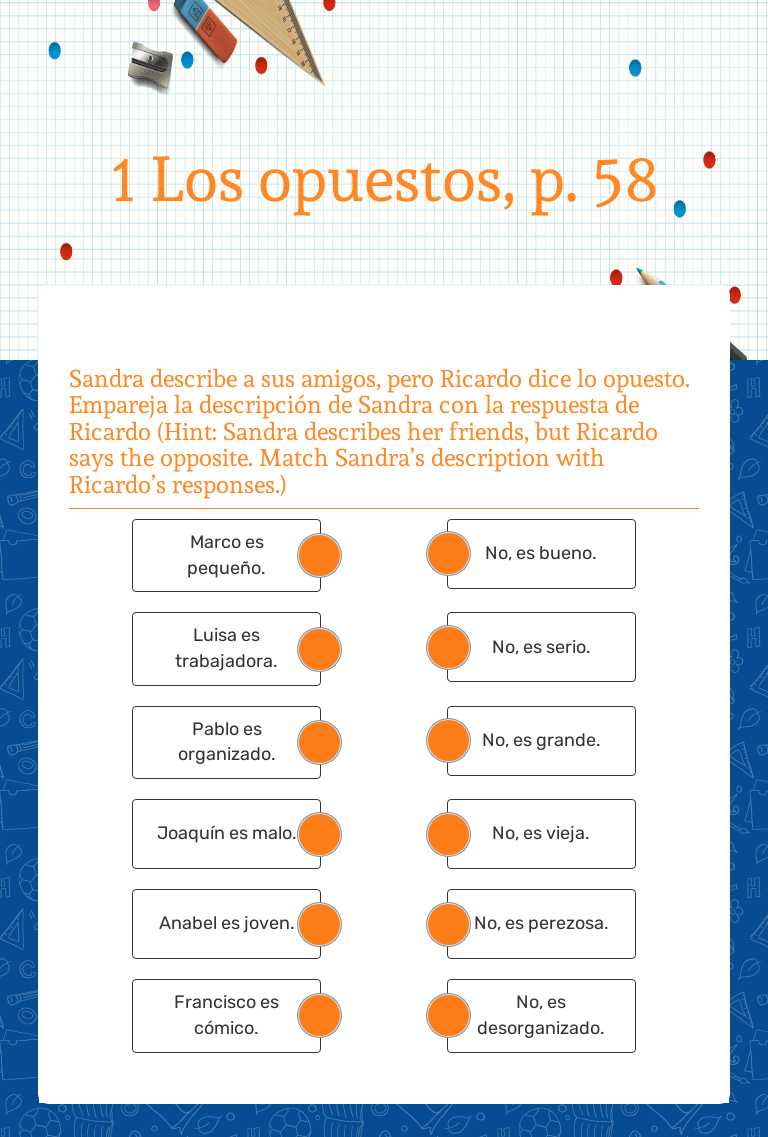 1 Los opuestos, p. 58 Grade 10 worksheet preview
