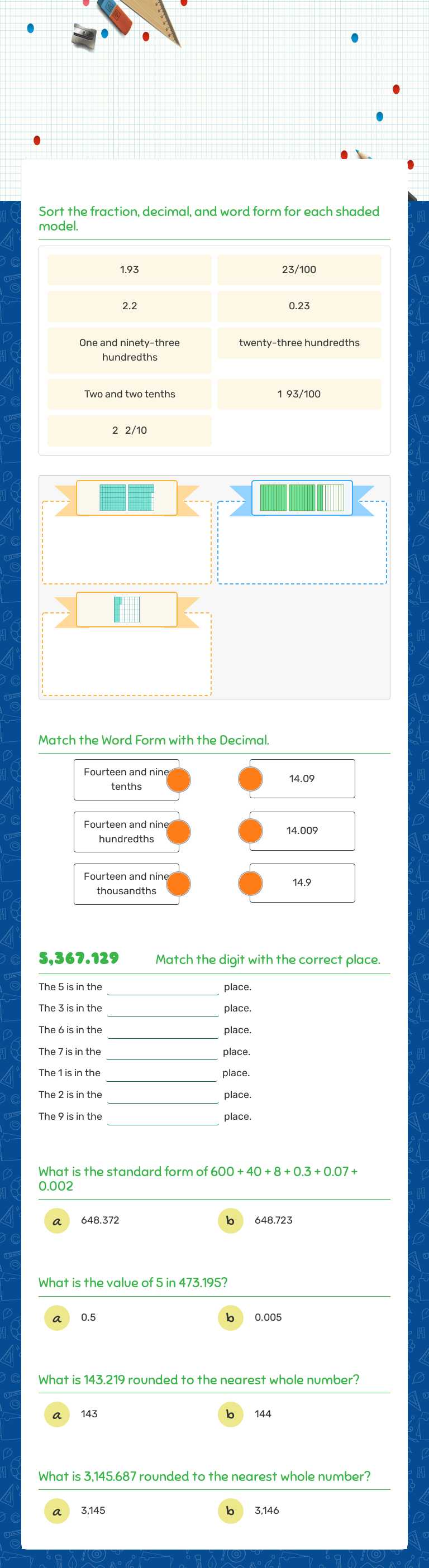 Decimal Place value #1 Grade 4 worksheet preview