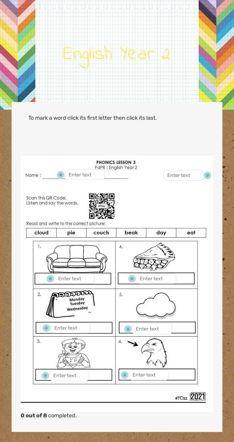 English Year 2 worksheet preview image
