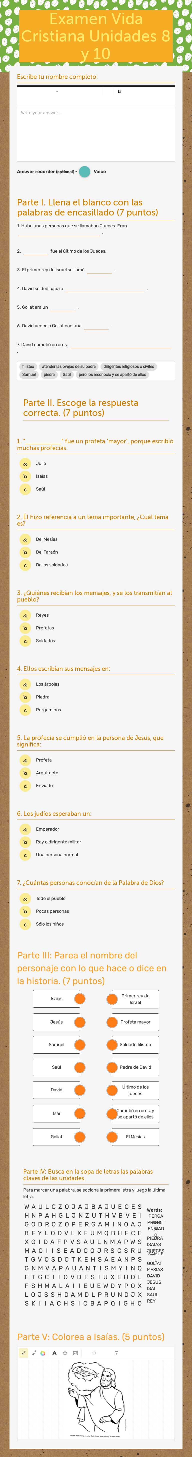 Tercer Grado Examen Vida Cristiana Unidad 1 (1.1 -1.4) Valor: 36 puntos worksheet preview image