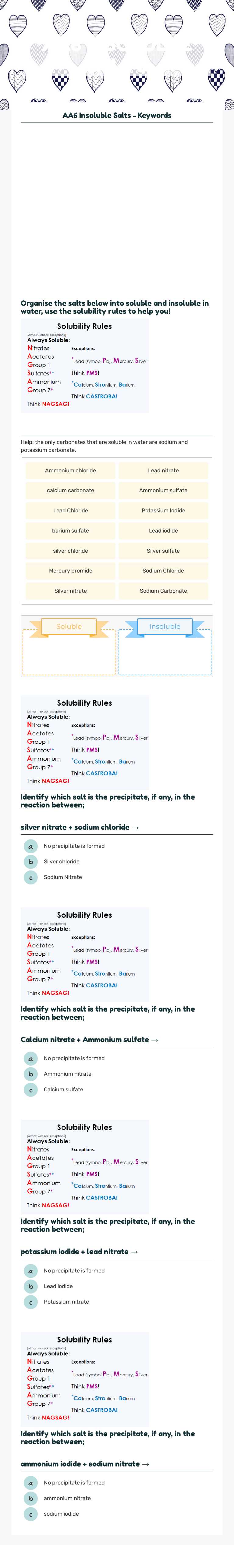AA6 INSOLUBLE SALTS Grade 9 worksheet preview