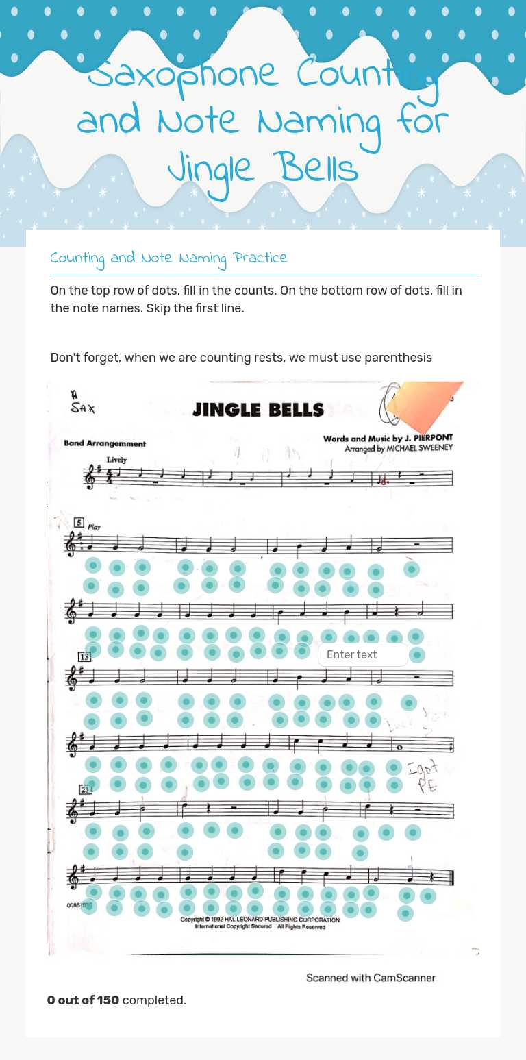 Saxophone Counting and Note Naming for Jingle Bells Grade 5 worksheet preview