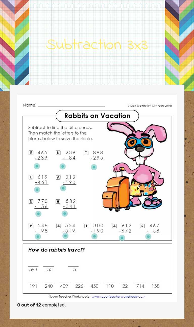 Subtraction 3x3 worksheet preview image