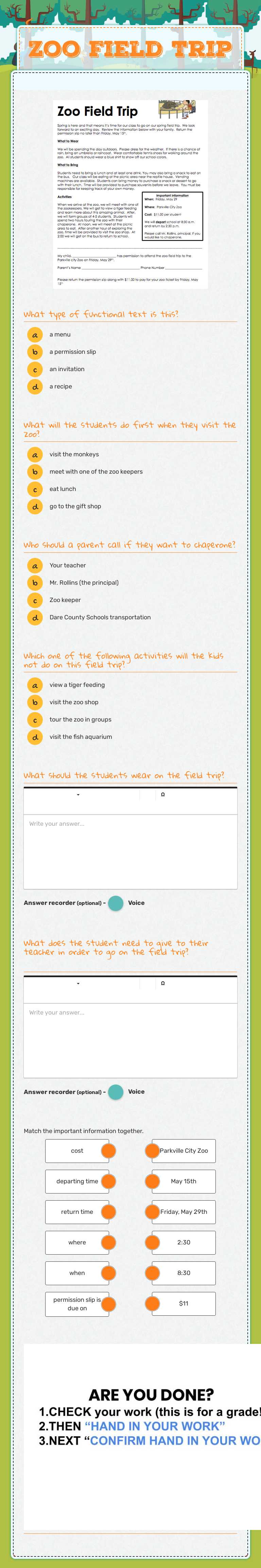 Zoo Field Trip Grade 3 worksheet preview