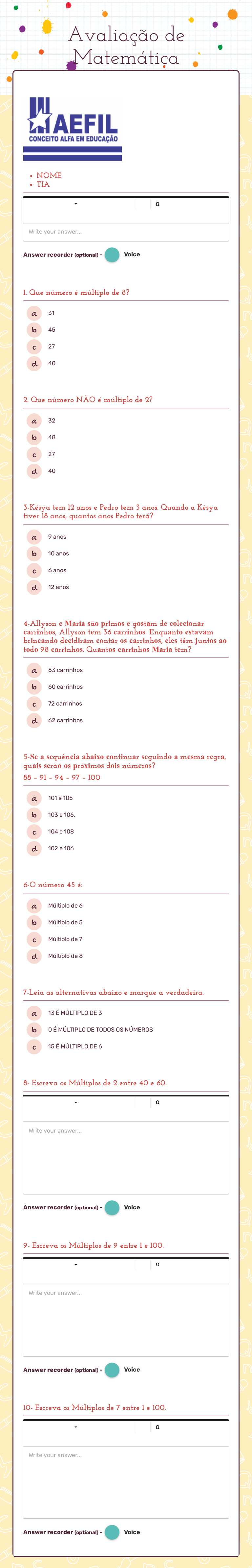 Avaliação de Matemática worksheet preview image