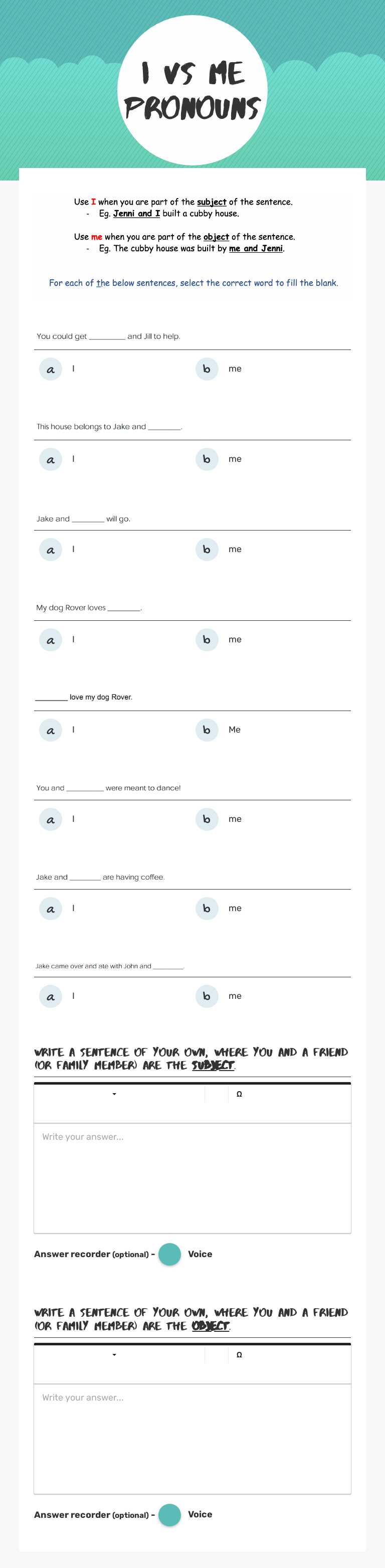 i Vs Me pronouns worksheet preview image