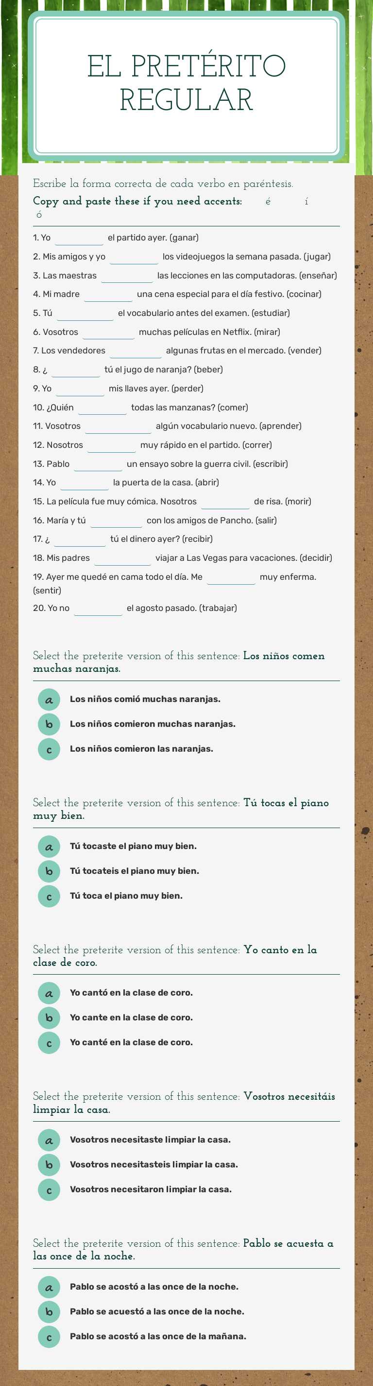 El pretérito regular worksheet preview image