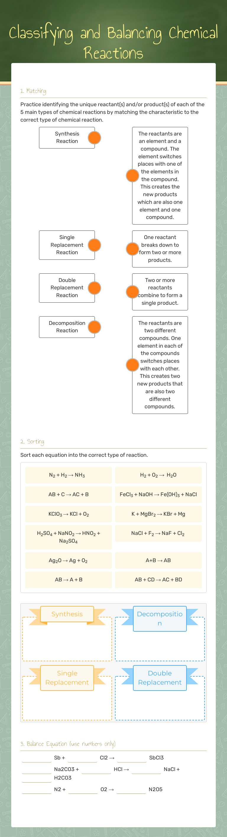 Classifying and Balancing Chemical Reactions worksheet preview image