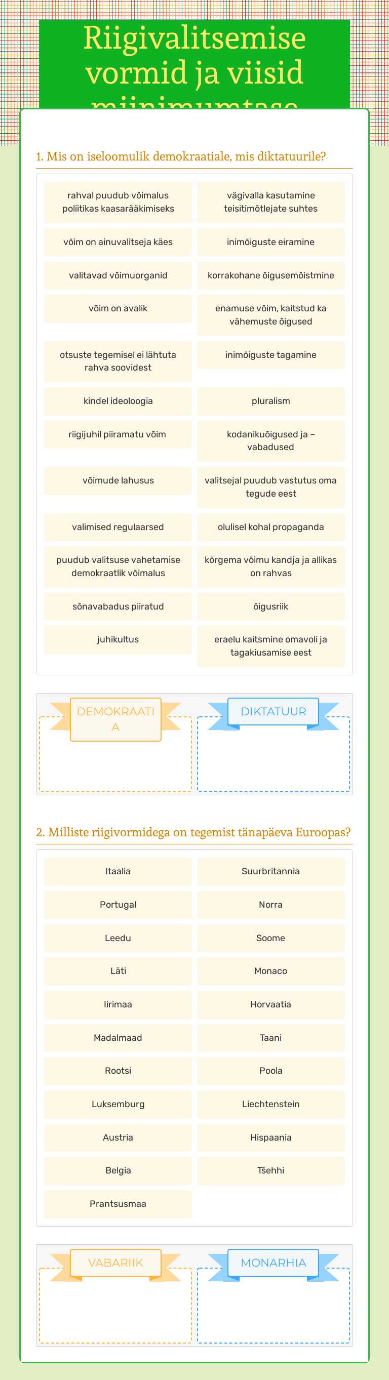 Riigivalitsemise vormid ja viisid miinimumtase worksheet preview image