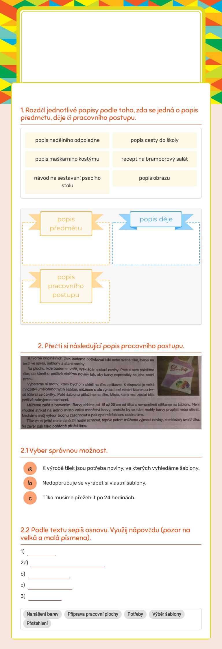 Popis pracovního postupu worksheet preview image