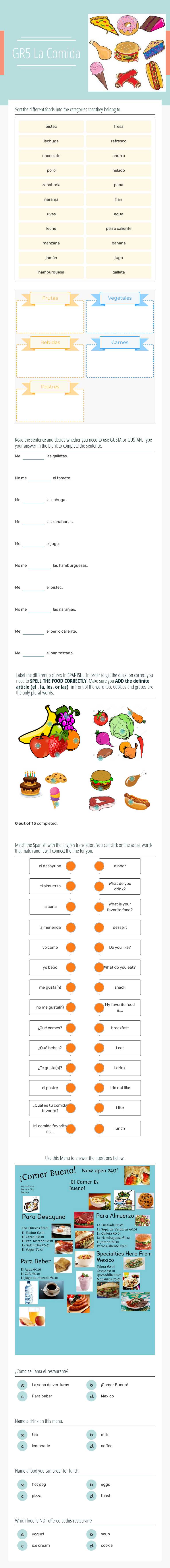 GR5 La Comida worksheet preview image