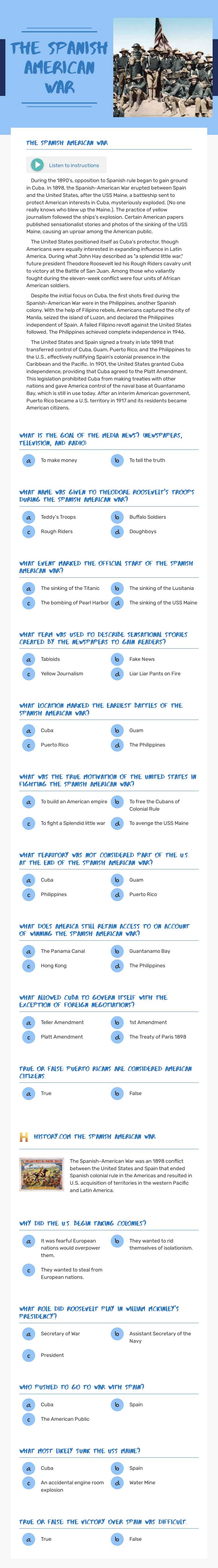 The Spanish American War worksheet preview image