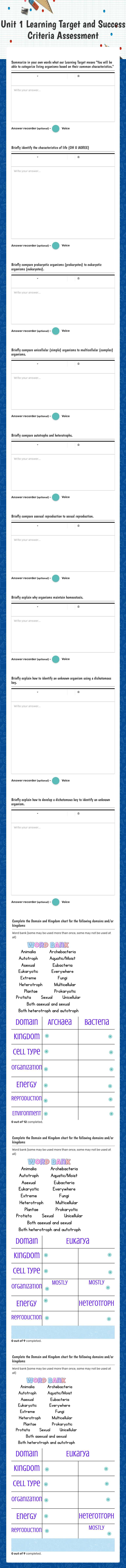 Unit 1 Learning Target and Success Criteria Assessment worksheet preview image