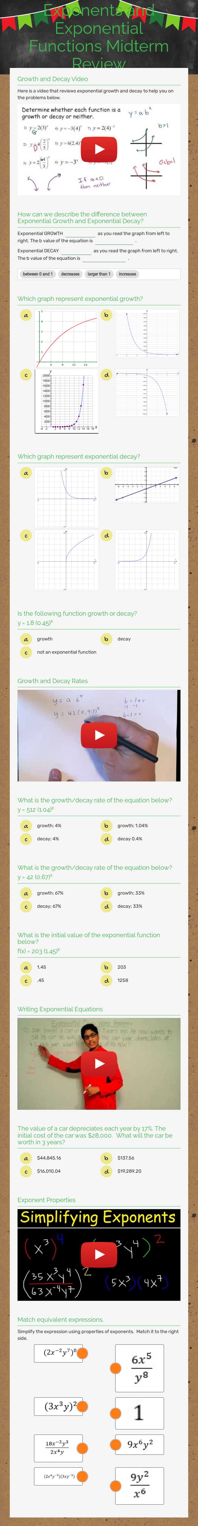Exponents and Exponential Functions Midterm Review worksheet preview image