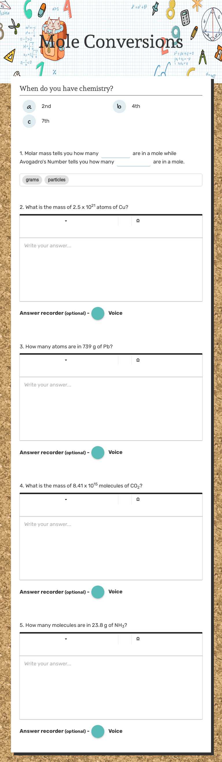 Mole Conversions Grade 10 worksheet preview