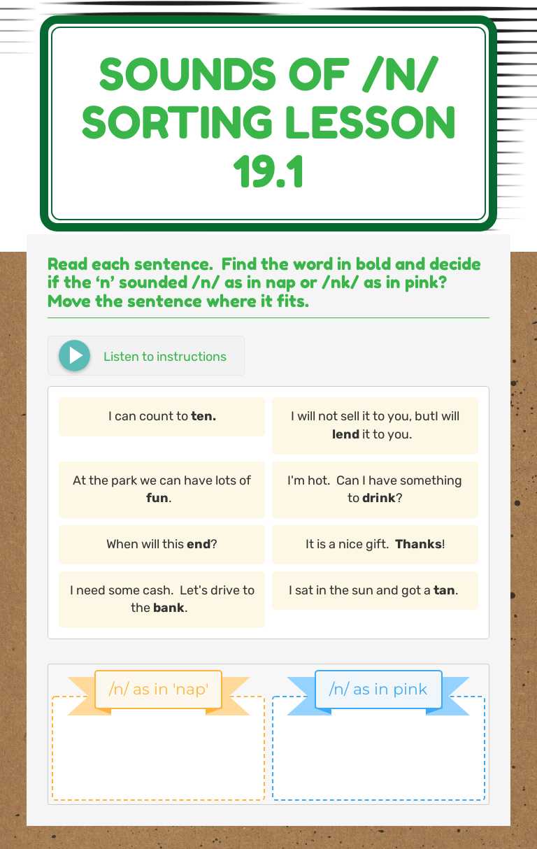 Sounds of /n/ 
         sorting             
 Lesson 19.1 Grade 1 worksheet preview
