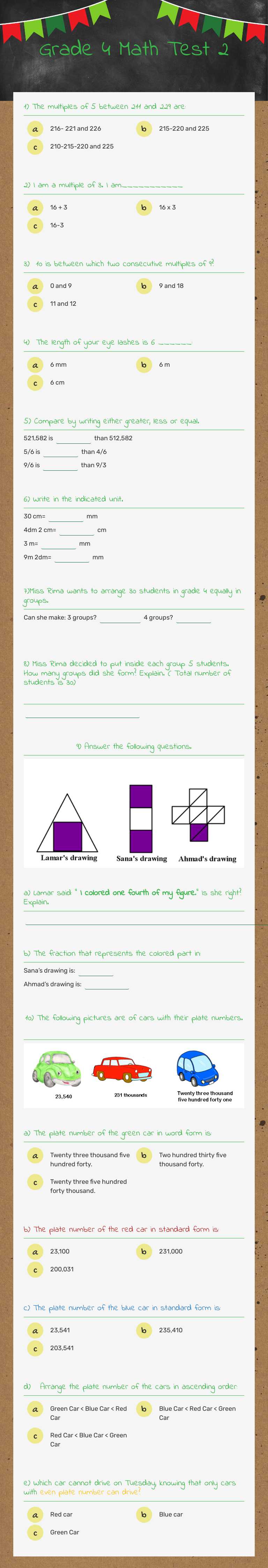Grade 4 Math Test 2 worksheet preview image
