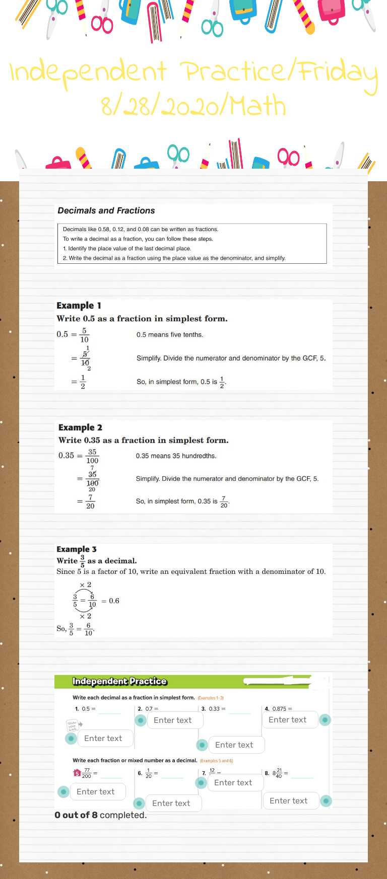 Independent Practice/Friday 8/28/2020/Math worksheet preview image