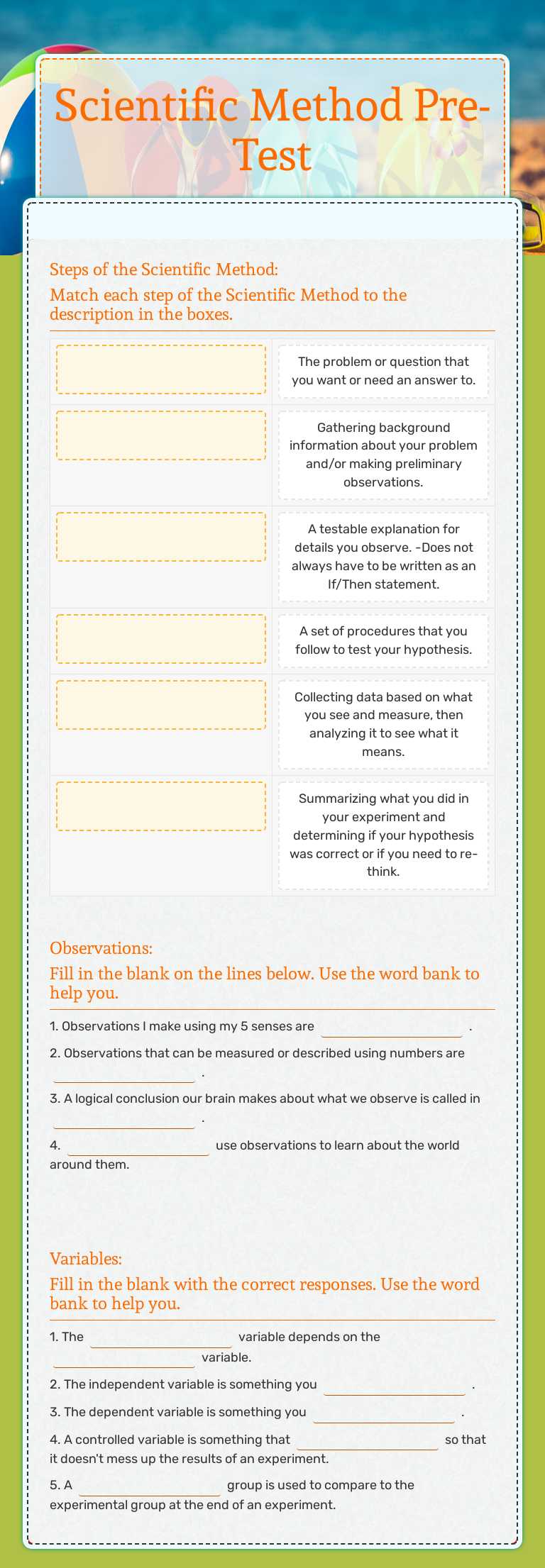 Scientific Method Pre-Test worksheet preview image