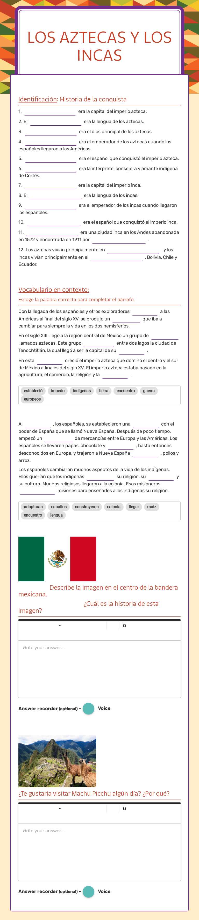 Los aztecas y los incas worksheet preview image