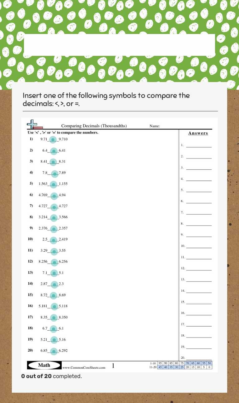 Comparing decimals worksheet preview image
