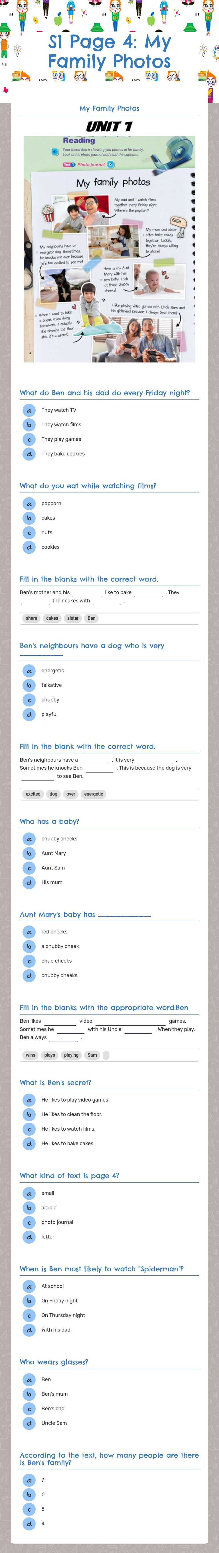 S1 Page 4: My Family Photos worksheet preview image