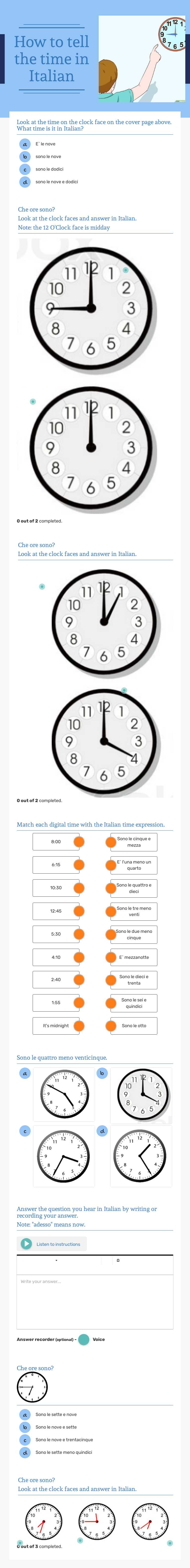 How to tell the time in Italian worksheet preview image