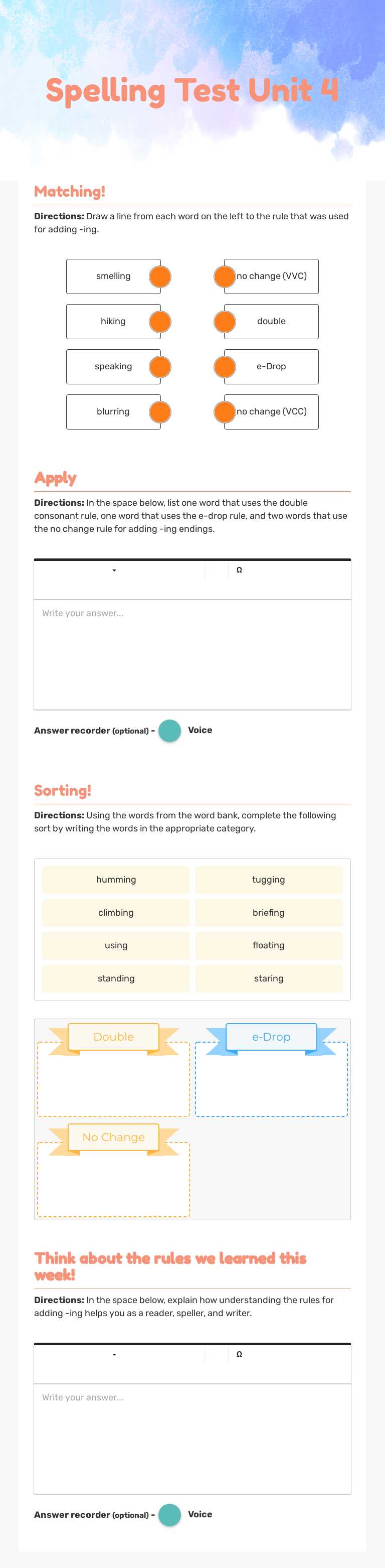 Spelling Test
Unit 4 Grade 3 worksheet preview