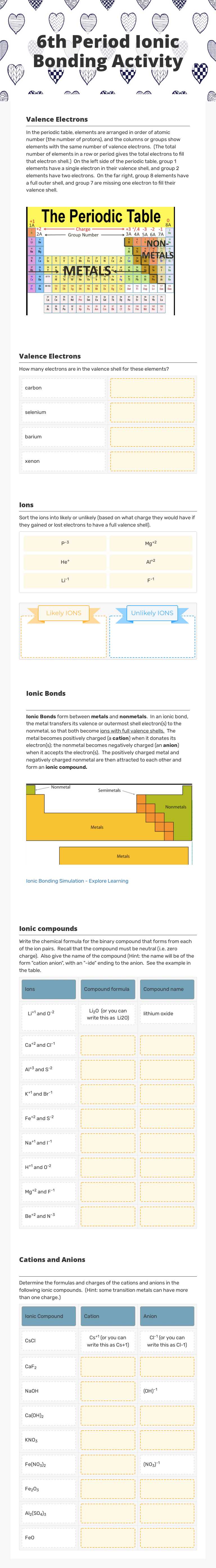 6th Period Ionic Bonding Activity worksheet preview image