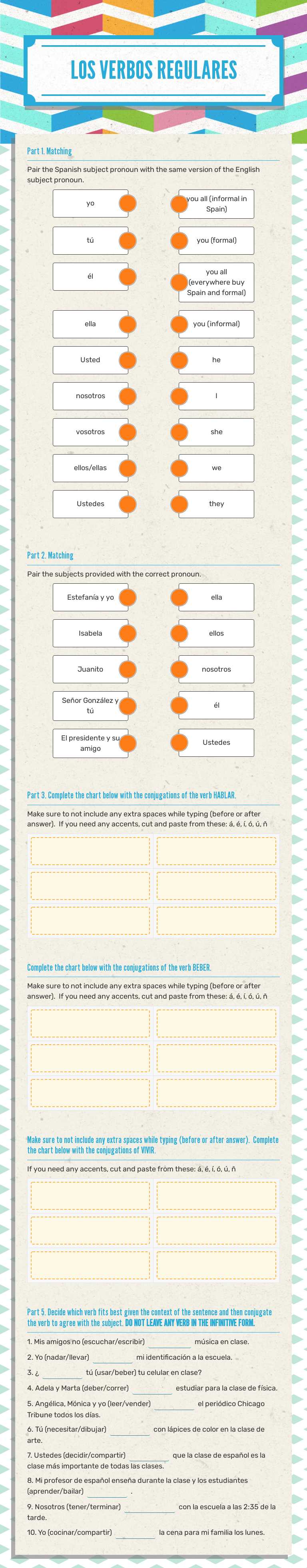 LOS VERBOS REGULARES worksheet preview image