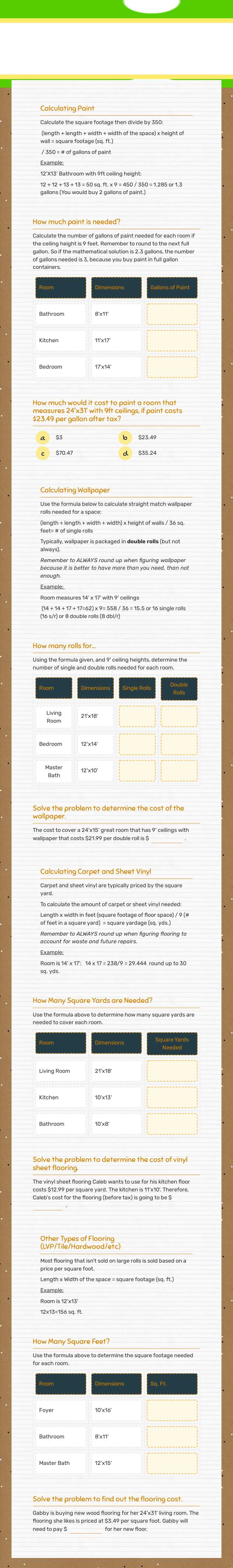 Interior Design Math worksheet preview image