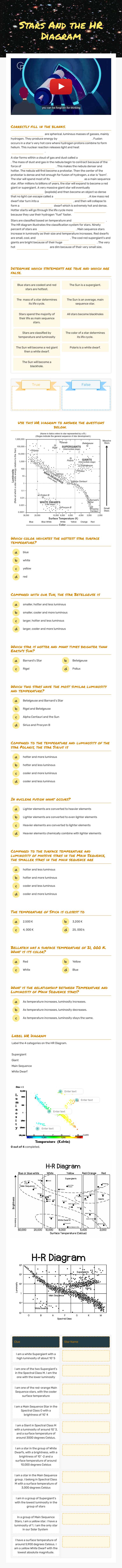 Stars And the HR Diagram Grade 8 worksheet preview