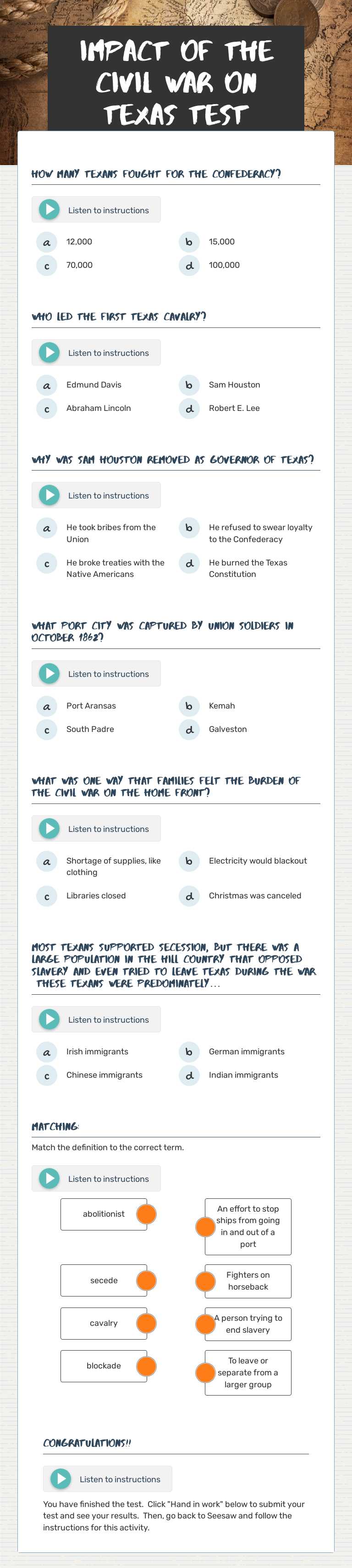 Impact of the Civil War on Texas Test worksheet preview image