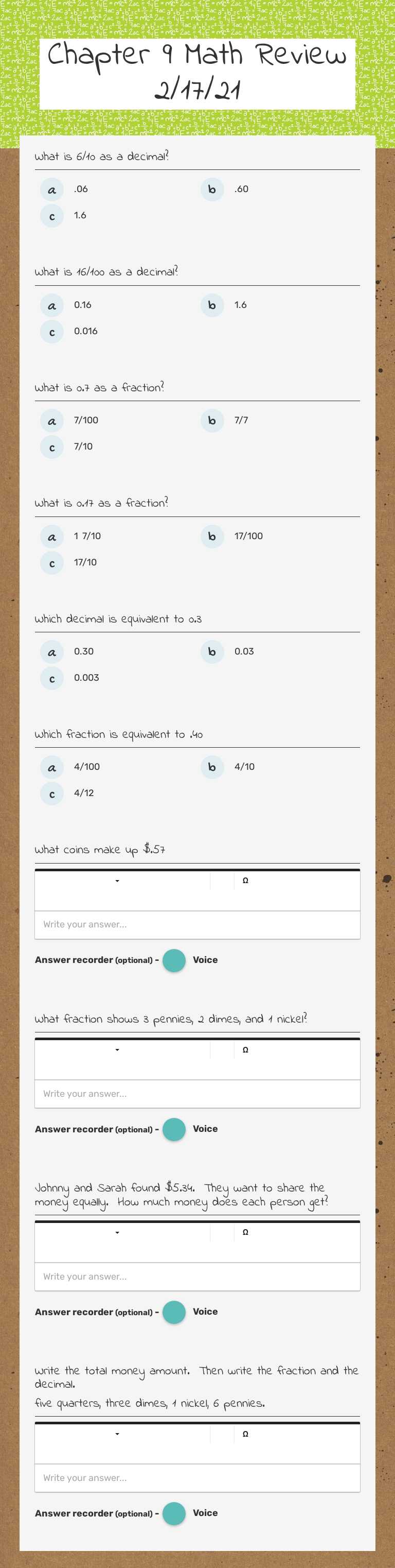 Chapter 9 Math Review 2/17/21 Grade 4 worksheet preview