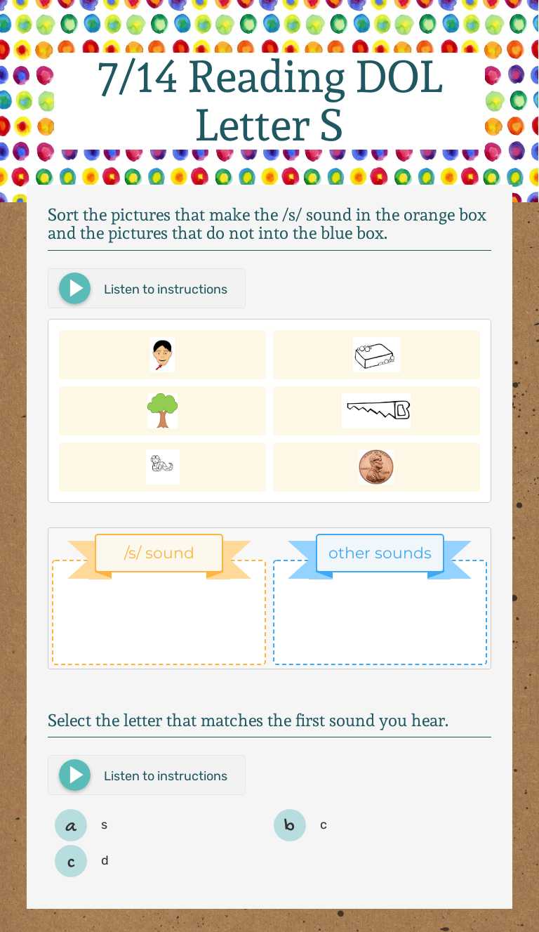 7/14 Reading DOL Letter S Grade 1 worksheet preview