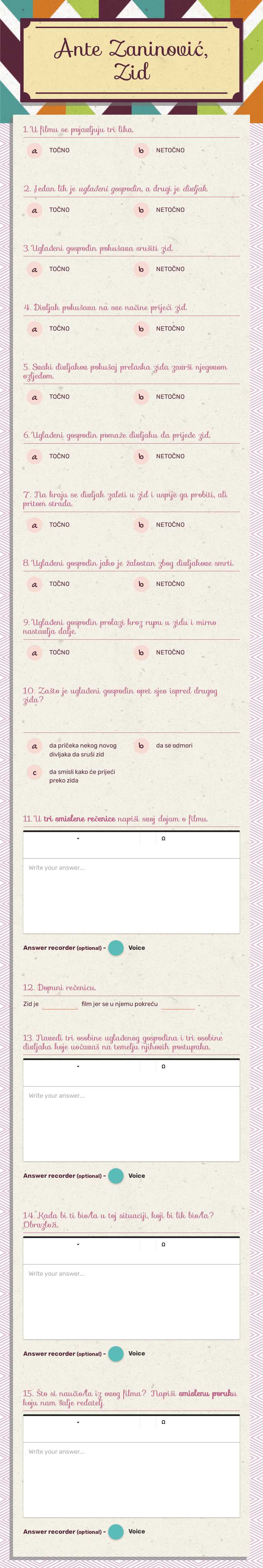 Ante Zaninović, Zid worksheet preview image