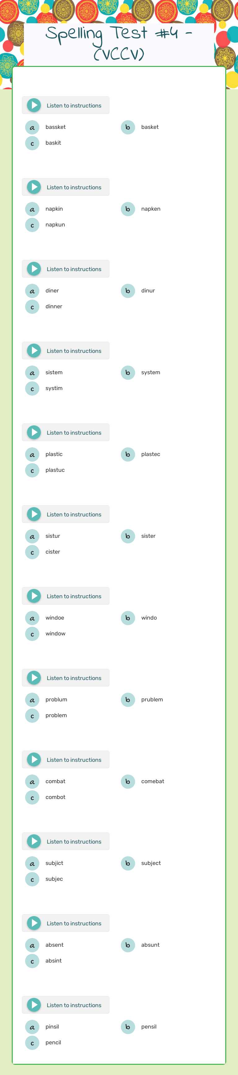 Spelling Test #4 -      (VCCV) worksheet preview image