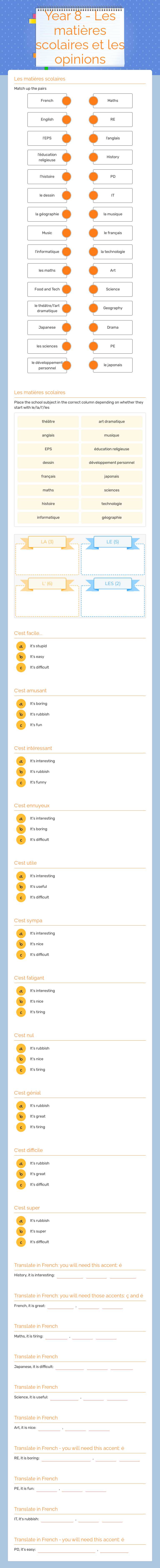 Year 8 - Les matières scolaires et les opinions worksheet preview image