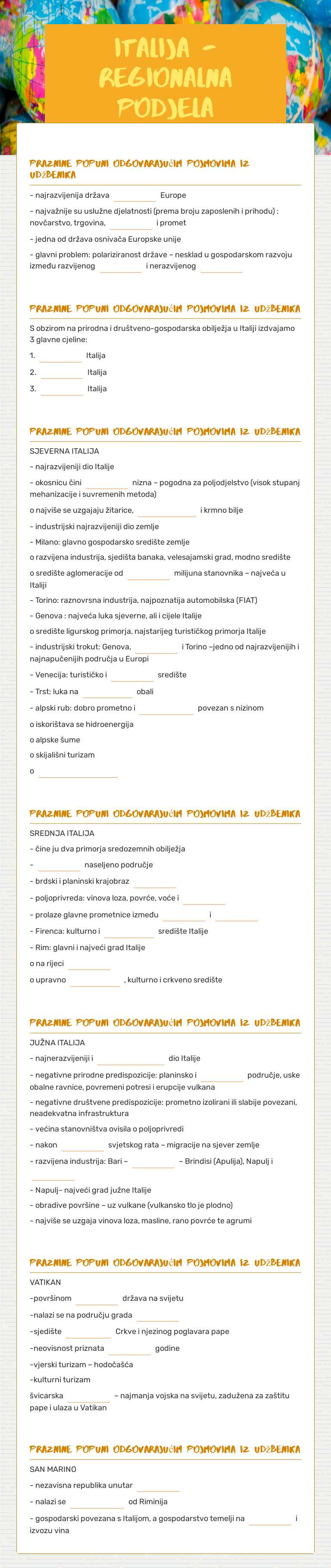 Italija - REGIONALNA PODJELA Grade 7 worksheet preview