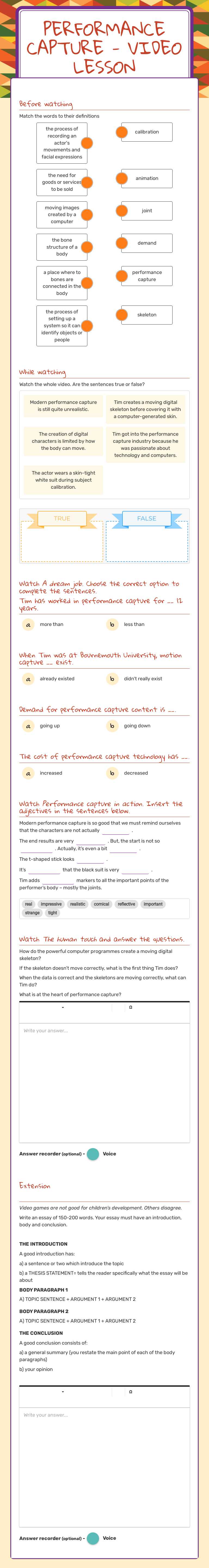Performance capture - video lesson Grade 10 worksheet preview