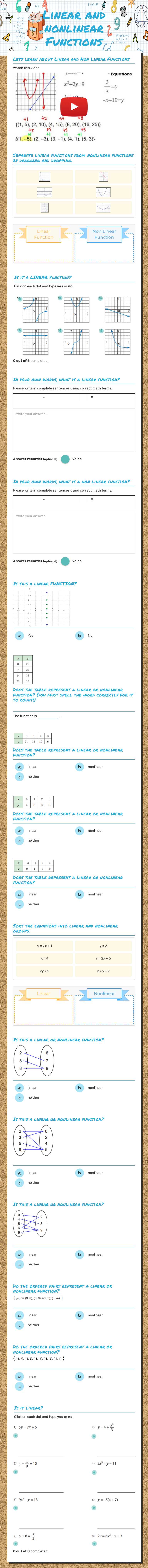 Linear and nonlinear Functions 12/5 Grade 8 worksheet preview