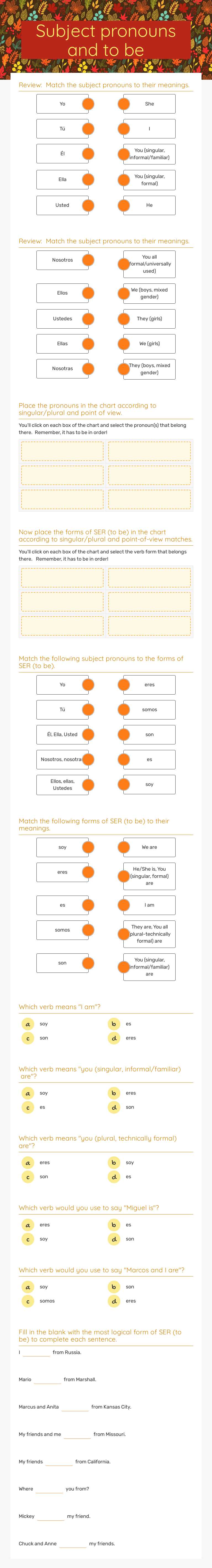 Subject pronouns and to be worksheet preview image