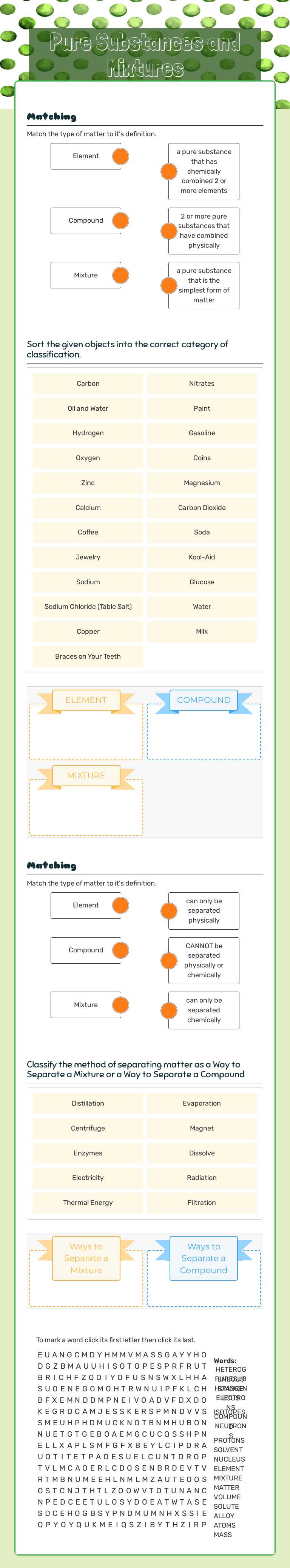 Pure Substances and Mixtures worksheet preview image