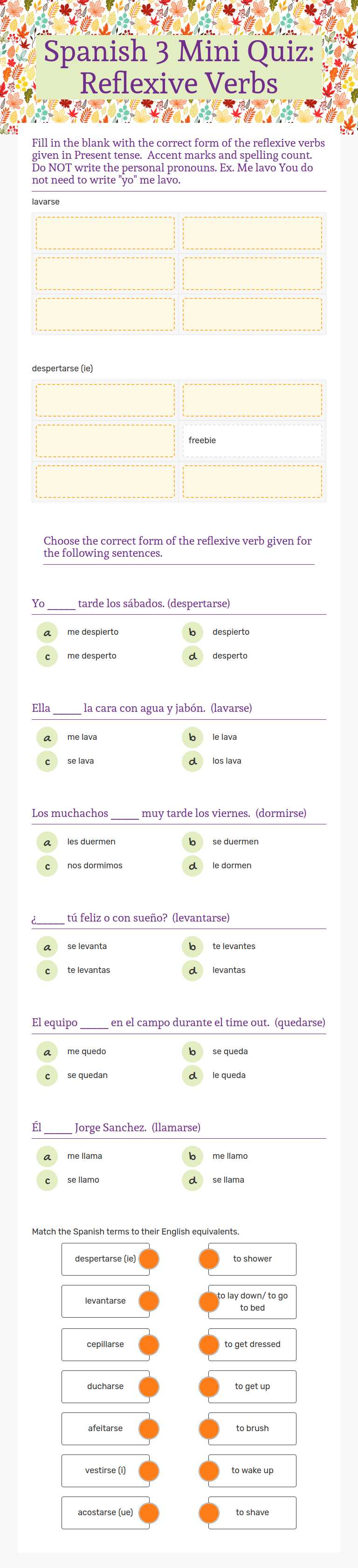 Spanish 3 Mini Quiz: Reflexive Verbs worksheet preview image
