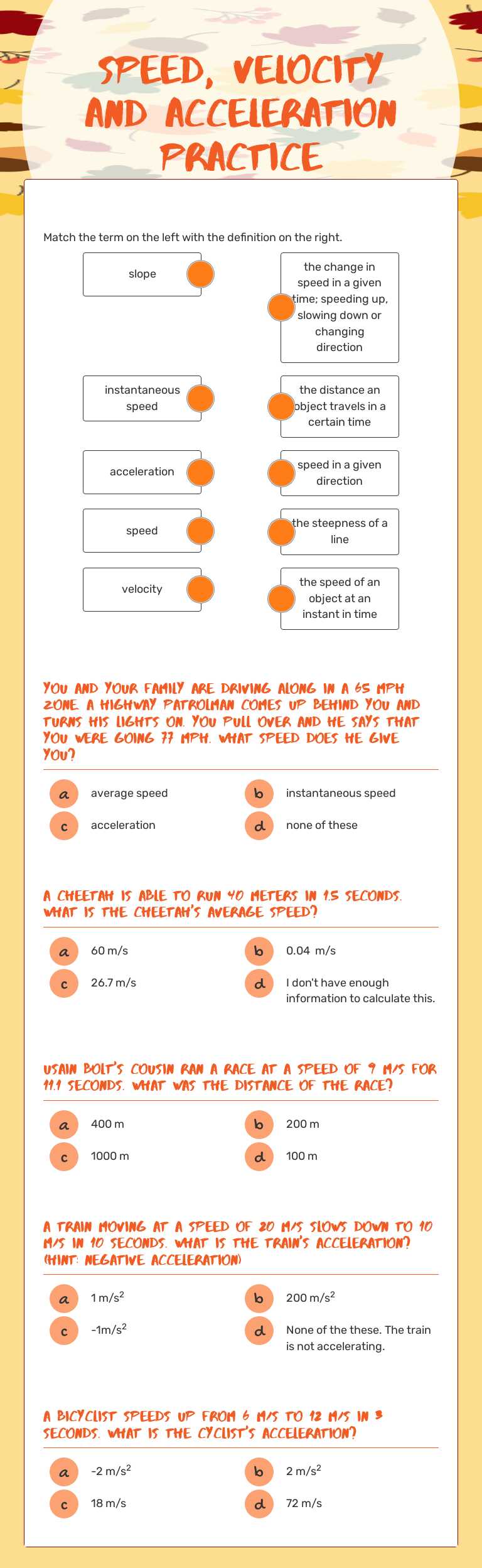 Speed, Velocity and Acceleration Practice worksheet preview image