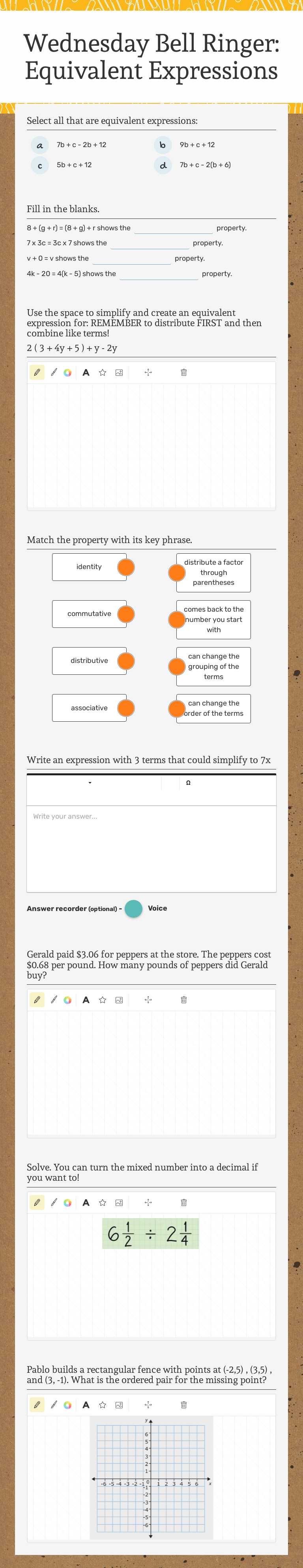 Wednesday Bell Ringer: Equivalent Expressions Grade 6 worksheet preview