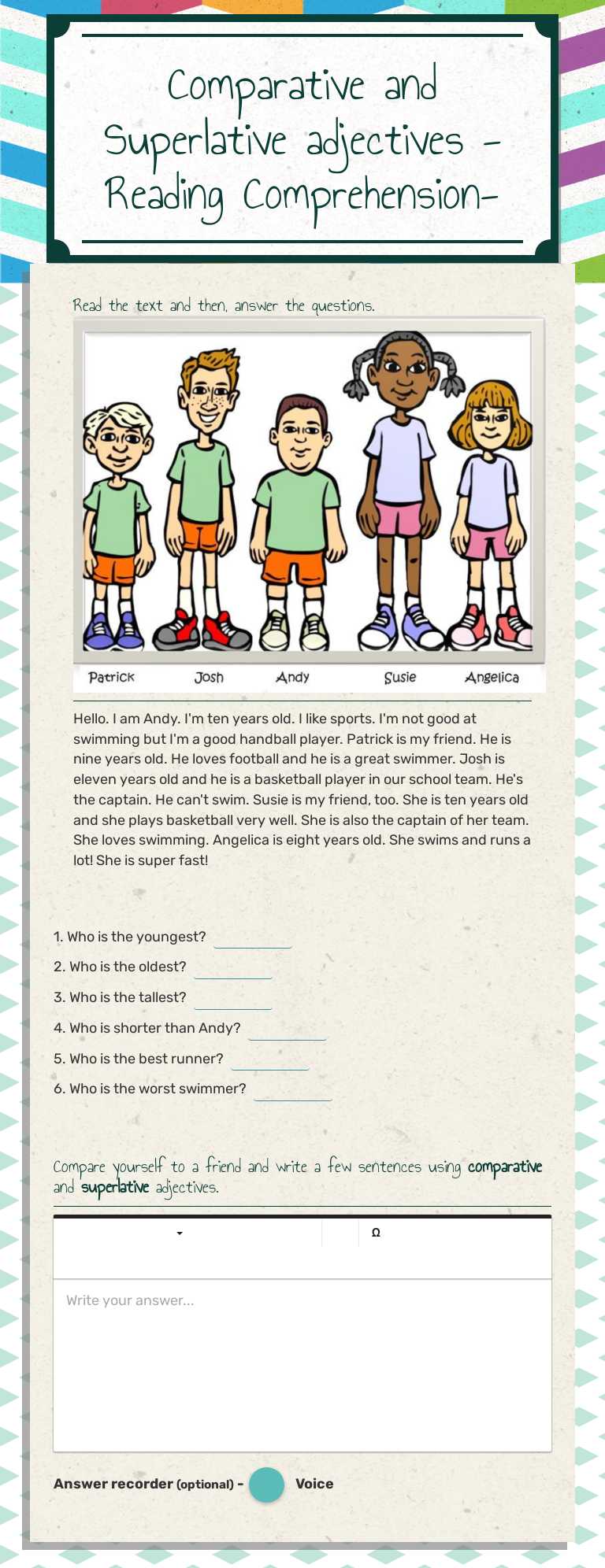 Comparative and Superlative adjectives
-Reading Comprehension- worksheet preview image