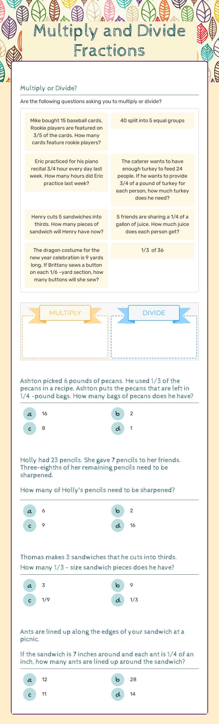 Multiply and Divide Fractions worksheet preview image