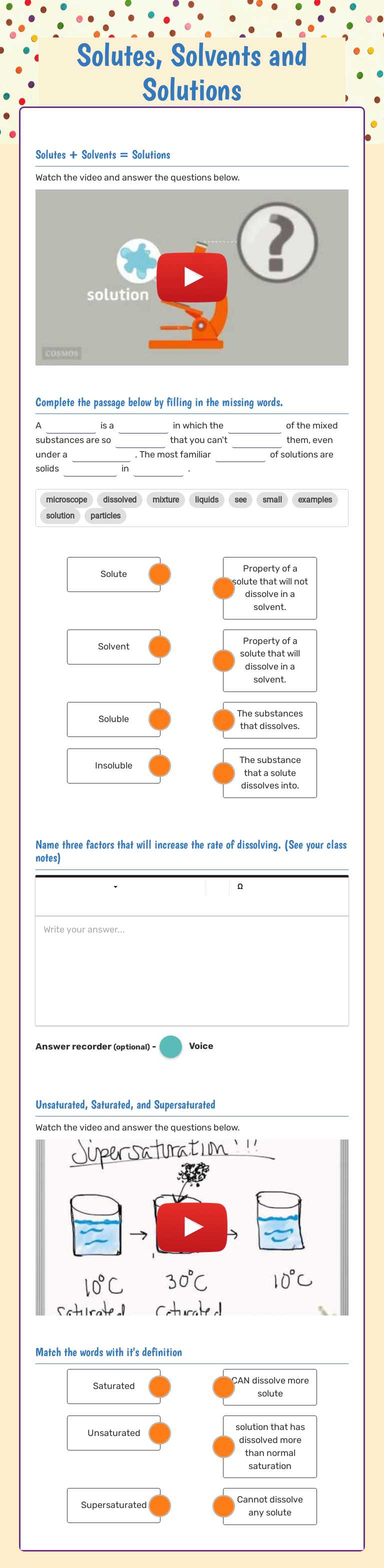 Solutes, Solvents and Solutions worksheet preview image