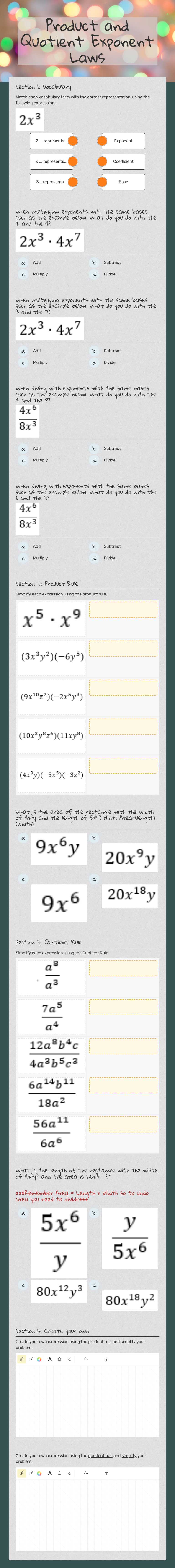 Product and Quotient Exponent Laws worksheet preview image